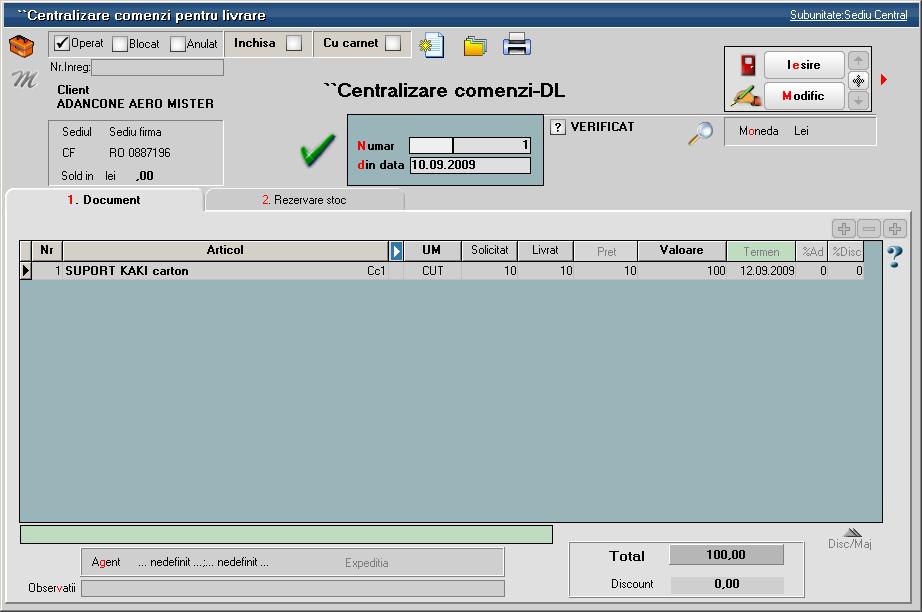 Centralizator comenzi client pentru livrare